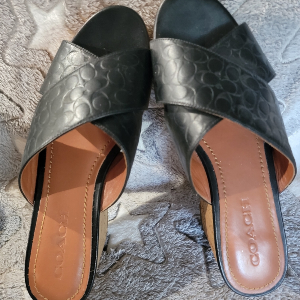 Coach Embossed Leather Wedges Black